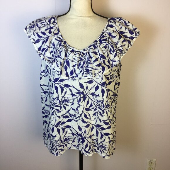 Caffe Marrakesh Blouse Top Sz L Womans Blue Leaf Print Ruffle V-neck Sleeveless - Picture 1 of 14